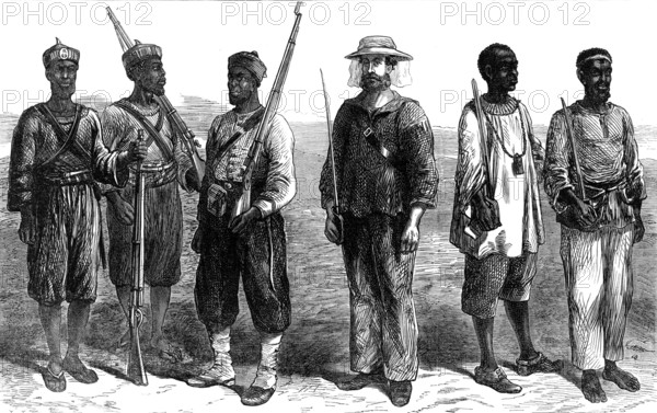 The Ashantee War: sentries of the different lines of troops in camp at Prah-Su, 1874. Creator: Unknown.