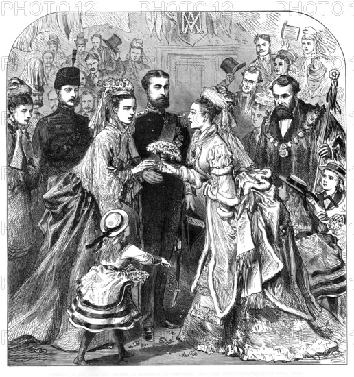 Arrival of the Duke and Duchess of Edinburgh at Gravesend:...presenting a bouquet to the bride, 1874 Creator: Unknown.
