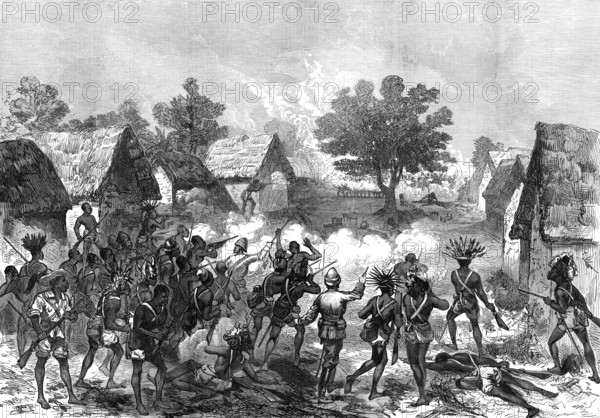 The Ashantee War: Lord Gifford and advance scouts storming a village...by our special artist, 1874. Creator: Unknown.