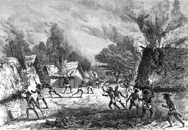 Sketches of the Ashantee War by our special artist: setting fire to a village, 1874. Creator: Unknown.
