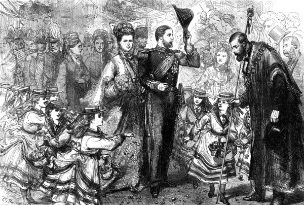 Strewing flowers before the Duke and Duchess of Edinburgh at Gravesend, 1874. Creator: Unknown.