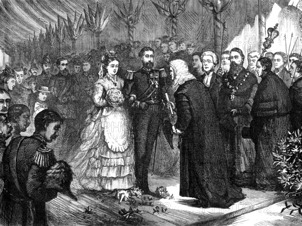 The Recorder of Gravesend presenting the address to the Duke and Duchess of Edinburgh, 1874. Creator: Unknown.