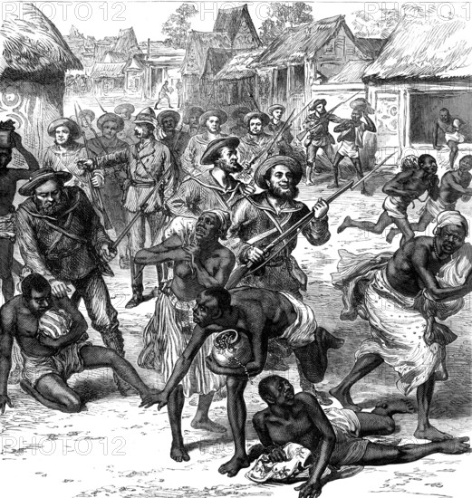 The Ashantee War: the Naval Brigade clearing the streets of Coomassie, by our special artist, 1874. Creator: Unknown.