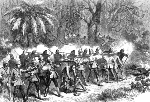 The Ashantee War: the 42nd Highlanders in the front - from a sketch by our special artist, 1874. Creator: Unknown.