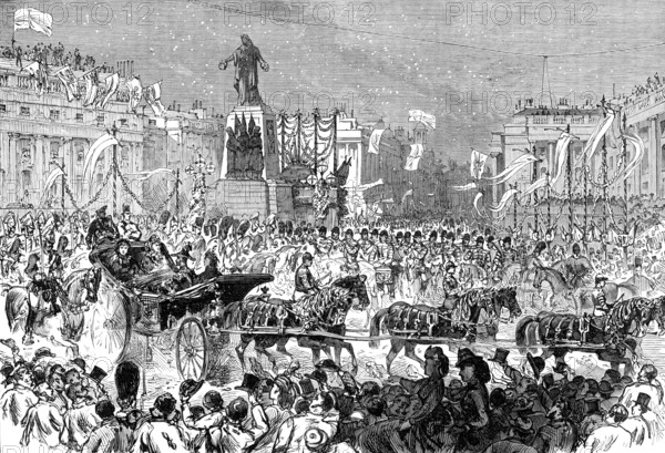 The Royal Entry into London: the procession passing the Guards Memorial, Waterloo-Place, 1874. Creator: Unknown.