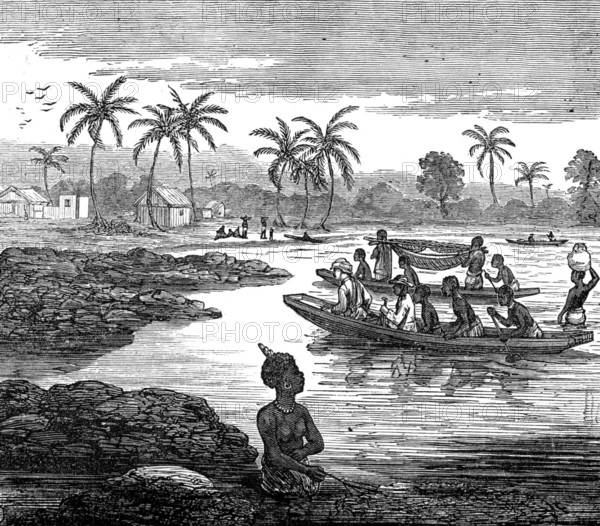 The Ashantee War: our artist crossing the Sweet River, near Elmina, 1874. Creators: Unknown, Melton Prior.