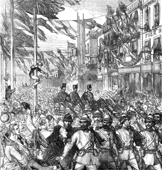 The Ashantee War: the return home - arrival of the 23rd Royal Welsh Fusiliers at Portsmouth, 1874. Creator: Unknown.