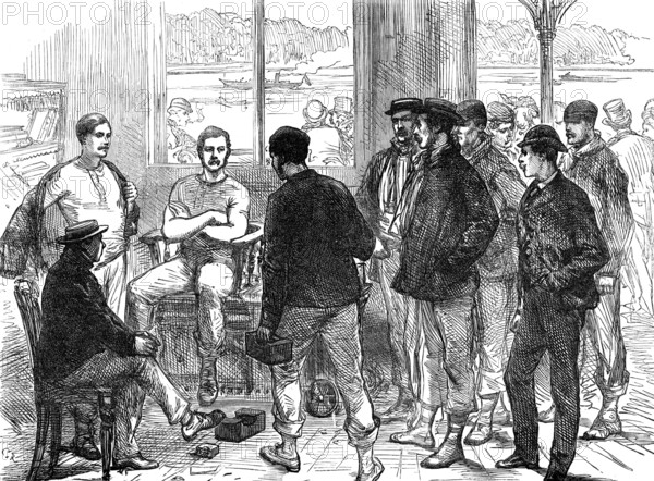 The Universities' Boat-Race on the Thames: weighing the crew, 1874. Creator: Unknown.