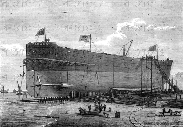 Launch of the Faraday, telegraph cable ship, 1874. Creator: JR Wells.