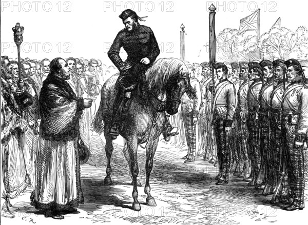...troops from the Ashantee War: the Mayor of Portsmouth congratulating the 42nd Highlanders, 1874. Creator: Unknown.