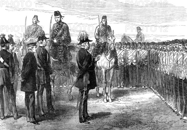 ...troops from the Ashantee War: the Duke of Cambridge addressing the 42nd Highlanders, 1874. Creator: Unknown.