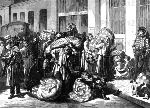 The Distress in Paris, distribution of bedding to the poor, 1874. Creator: Jenkin.