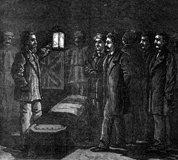 Arrival of Dr. Livingstone's remains: the coffin as it lay in the Malwa, 1874. Creator: Unknown.