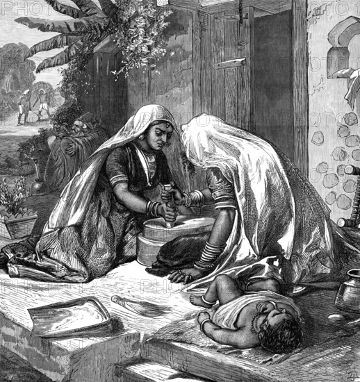 The Famine in India: women grinding corn, 1874. Creator: Unknown.