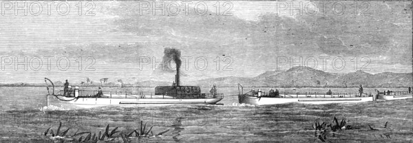 The Indian Famine: steam-tugs and lighters for conveying grain, 1874. Creator: Unknown.