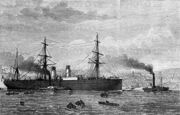 The French Transatlantic Company's steam-ship Amerique towed into Plymouth, 1874. Creator: JR Wells.