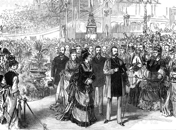 The Emperor of Russia at the Crystal Palace: the royal party passing up the Nave, 1874. Creator: Unknown.