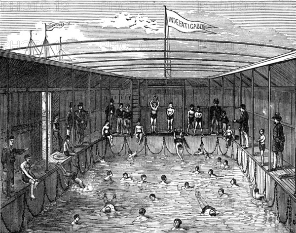 Swimming-bath of the training-ship Indefatigable at Liverpool, 1874. Creator: Unknown.