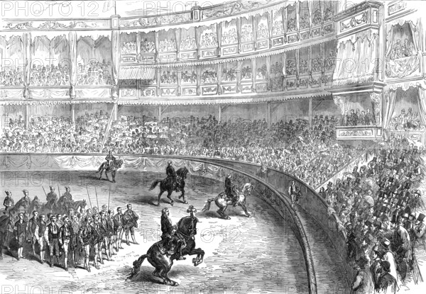 A bull-fight at Lisbon: the performers saluting the audience, 1874. Creator: Unknown.