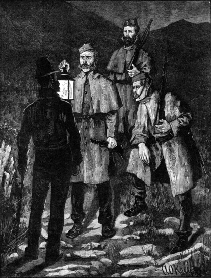 The State of Ireland: police patrol challenging a suspected person, 1881. Creator: Unknown.