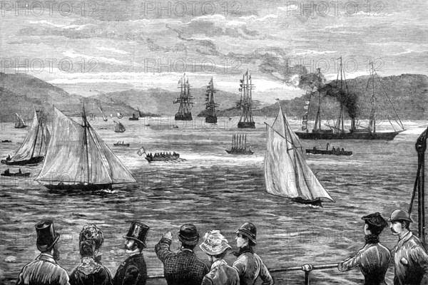 The Duke of Edinburgh's visit to the Clyde training-ship Cumberland, 1881. Creator: Unknown.