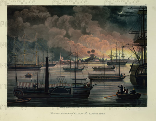 'The Conflagration of Dalla, on the Rangoon River', 1825. Creator: George Hunt.