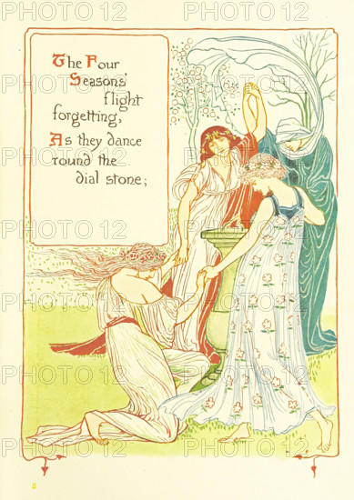 The Four Seasons' flight forgetting, As they dance round the dial stone, 1899. Creator: Walter Crane.