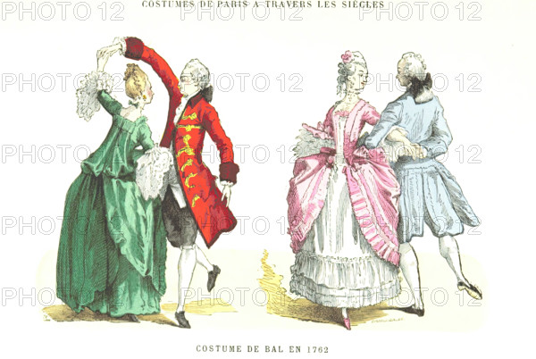 Costumes of Paris through the centuries - Ball Costume in 1762, (1879). Creator: Unknown.