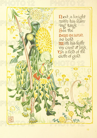 Next, a knight with his flaming targe See the Dent-De-Lion so bold, 1899. Creator: Walter Crane.