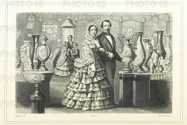 Well-to-do French couple looking at vases, 1865.  Creator: Unknown.