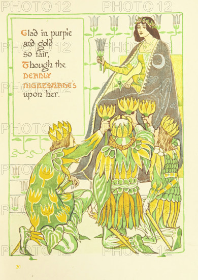 Clad in purple and gold so fair, Though the Deadly Nightshade's upon her, 1899. Creator: Walter Crane.