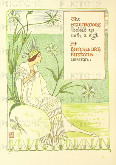 The Stitchwort looked up with a sigh At the Batchelor's Buttons unsewn;, 1899. Creator: Walter Crane.