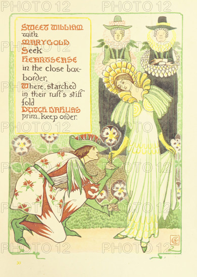 Sweet William with Marygold Seek Heartsease in the close box-border..., 1899. Creator: Walter Crane.