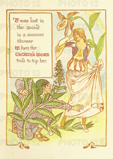 'Twas lost in the wood in a summer shower When the Clown's Wort tried to trip her, 1899. Creator: Walter Crane.