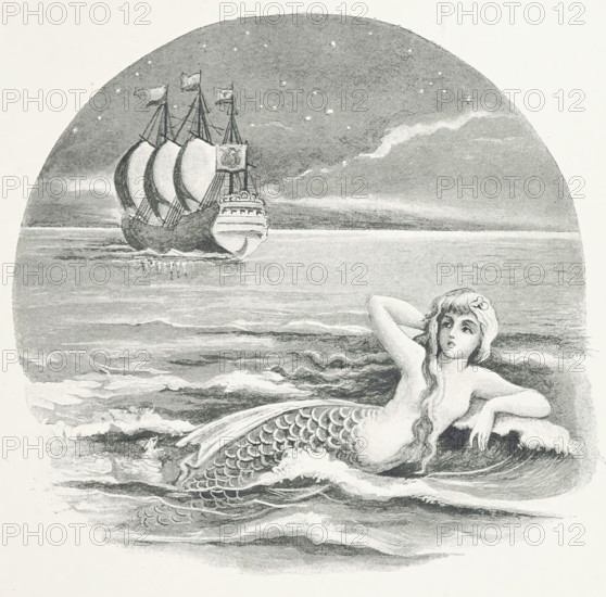 Mermaid and sailing ship, 1888.  Creator: Laura Troubridge.