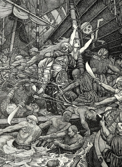 He saw two cities in a thousand boats all fighting for a woman on the sea, 1898. Creators: Louis John Rhead, George Woolliscroft Rhead.