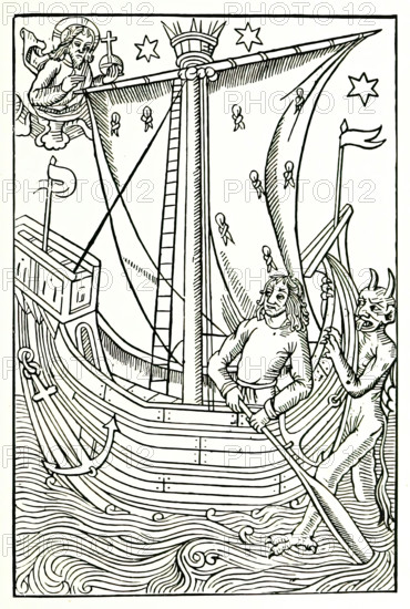 God and Satan vying for the soul of man, who is navigating the ocean of vices, c1490, (1896). Creator: Unknown.