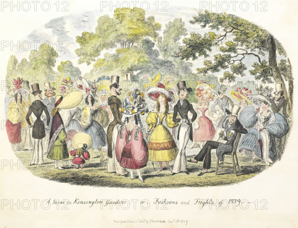 A scene in Kensington Gardens - or - Fashion and Frights of 1829.  Creator: George Cruikshank.