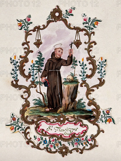 Saint Francis of Assisi, in a rococo frame, holding a Bible and a crucifix. Creator: Unknown.