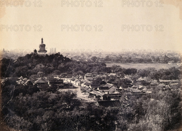 Beijing, China: the Buddhist temple surrounded by gardens and low buildings, during the..., 1860. Creator: Felice Beato.