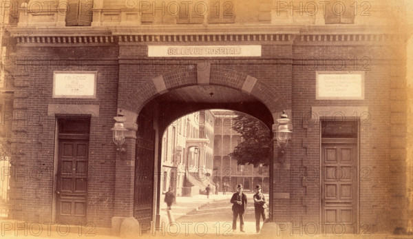 Bellevue Hospital, New York City: the entrance gateway. Creator: Unknown.