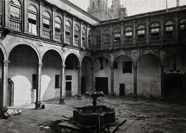 Hospital Real, Santiago de Compostela: view of the courtyard showing the fountain, 1900-1999. Creator: Unknown.