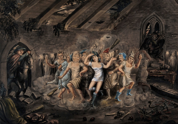 A man on horseback enters a church to discover an orgiastic sabbath. Creator: Unknown.