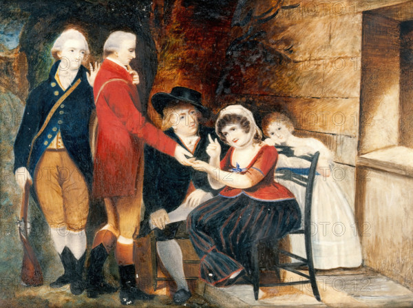 A woman telling a man's fortune, early-mid 19th century. Creator: Alfred Chalon.