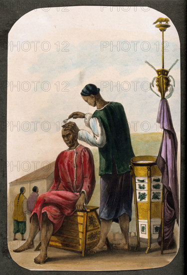A barber shaving a seated man's head. Creator: Unknown.