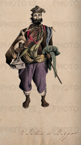 A barefoot man wearing a cloak, hat and beads: he is carrying a stick. Creator: Unknown.