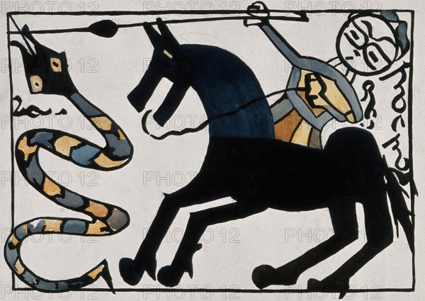 Saint George on horseback killing the dragon with his lance. Creator: Unknown.