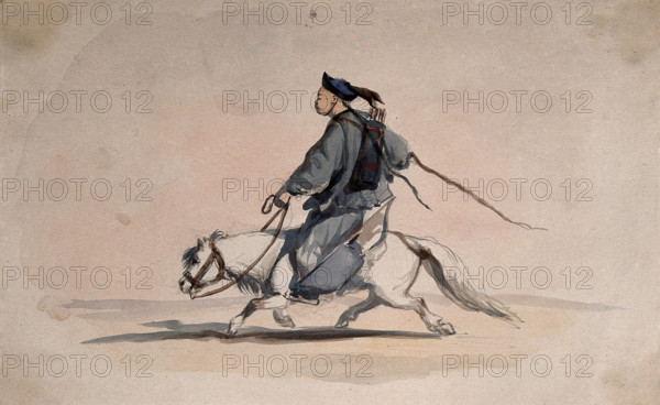 A Chinese soldier bearing weapons on his back, on horseback, 1857. Creator: Charles Wirgman.