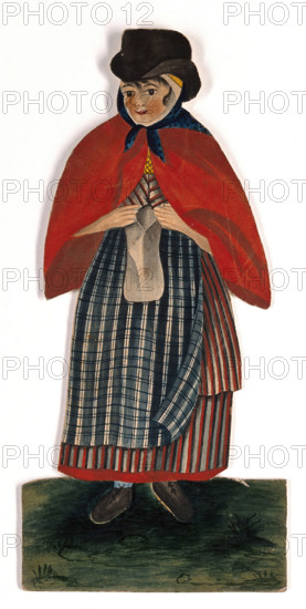 A country woman wearing hat and red cloak, 19th century. Creator: Stephen Jenner.