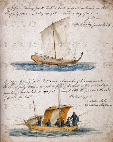 Ship-building: two types of Japanese boat, 1833. Creator: James Smith.